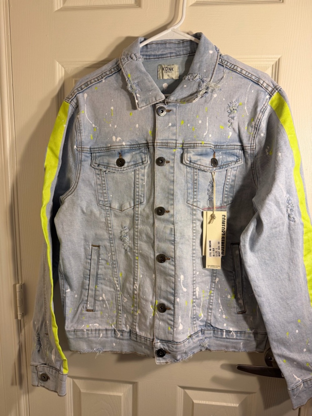 KDNK Distressed Denim Jacket Neon Stripe Paint Splatter Size L NWT